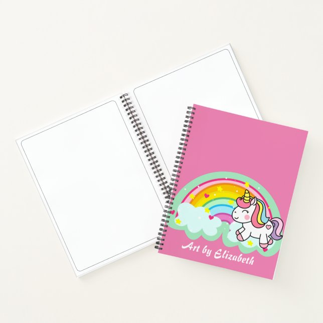 Cute Pink Unicorn Rainbow Name Sketch  Notebook (Inside)