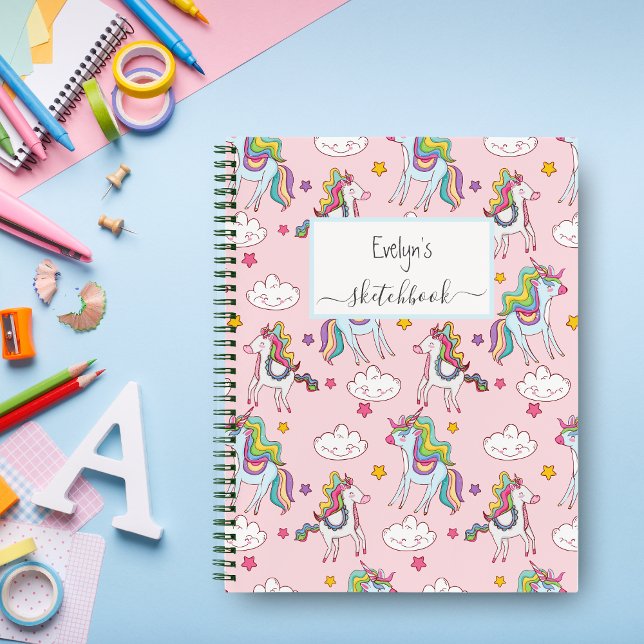 Cute Pink Unicorn Rainbow Sketchbook Your Name  Notebook (Creator Uploaded)