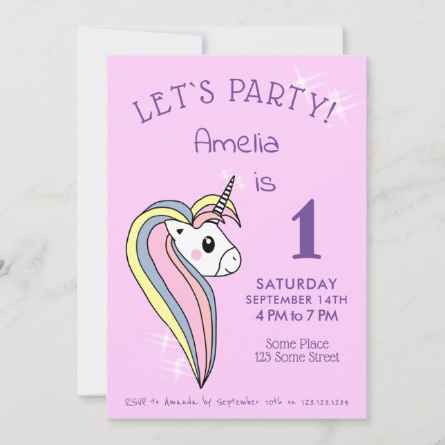 Cute Pink Unicorn Sparkles Girl Birthday Invitation (Front)
