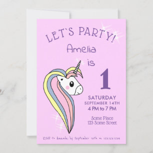 Cute Pink Unicorn Sparkles Girl Birthday Invitation