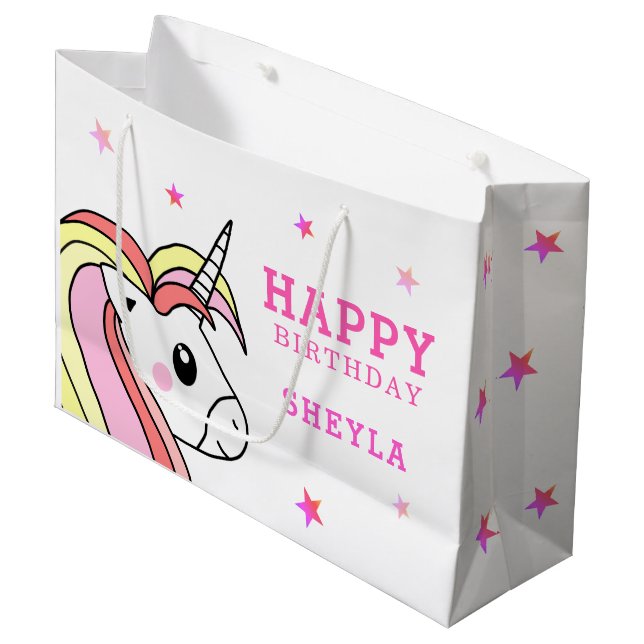 Cute Pink Unicorn Stars Girl Birthday Large Gift Bag (Front Angled)