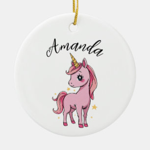 Cute Pink Unicorn Stars Girl Name Ceramic Tree Decoration