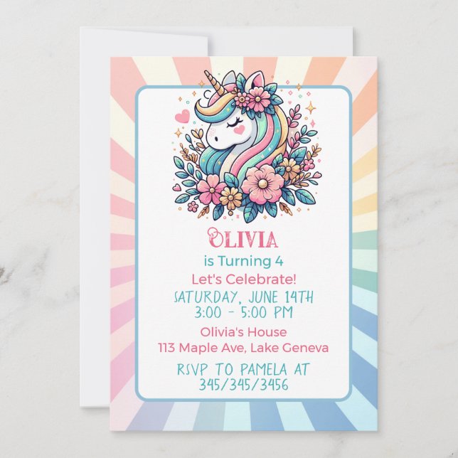 Cute Pink Unicorn themed Girl's Birthday Invite (Front)