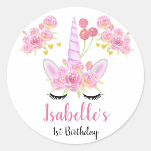 Cute Pink Unicorn Watercolor Florals Birthday Classic Round Sticker
