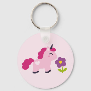 Cute Pink Unicorn with a Flower Key Ring