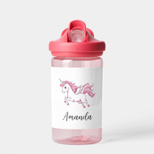 Cute Pink Unicorn with Hearts Name Water Bottle