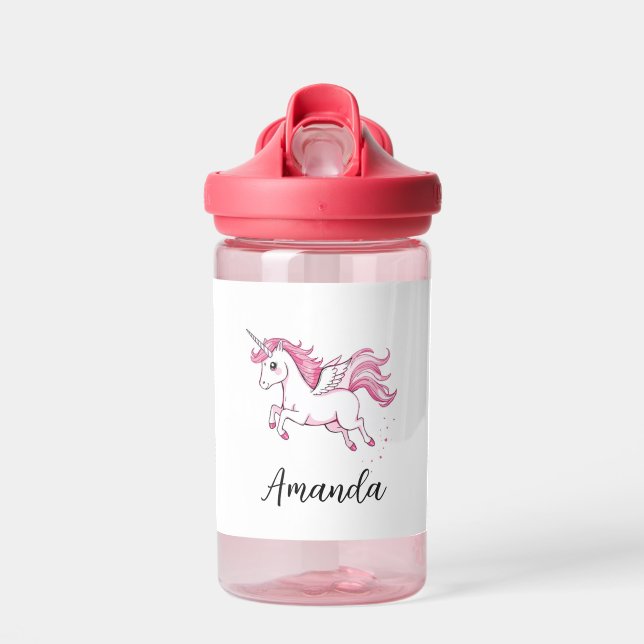 Cute Pink Unicorn with Hearts Name Water Bottle (Front)