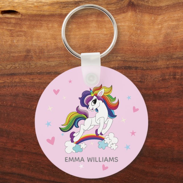 cute pink unicorn with minimalist rainbow key ring (Back)