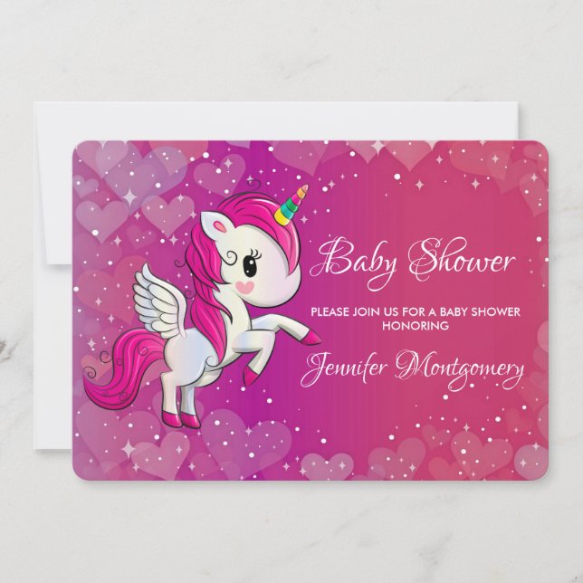 Cute Pink Unicorn with Wings Baby Shower Invitation (Front)