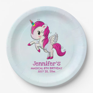 Cute Pink Unicorn with Wings Birthday Paper Plate