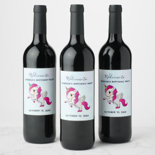 Cute Pink Unicorn with Wings Birthday Wine Label