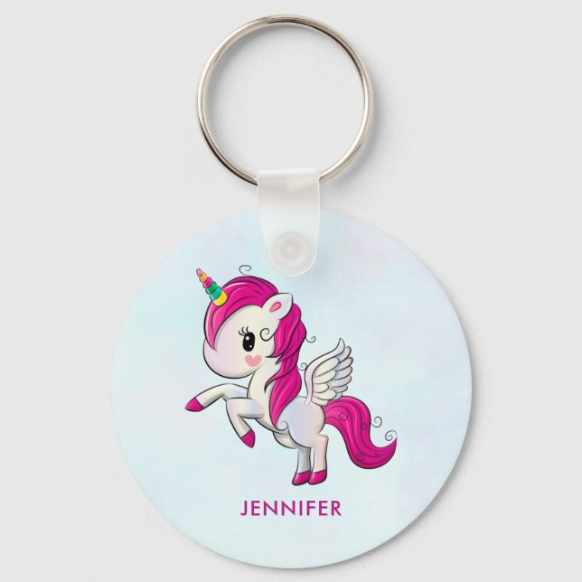 Cute Pink Unicorn with Wings Key Ring (Front)