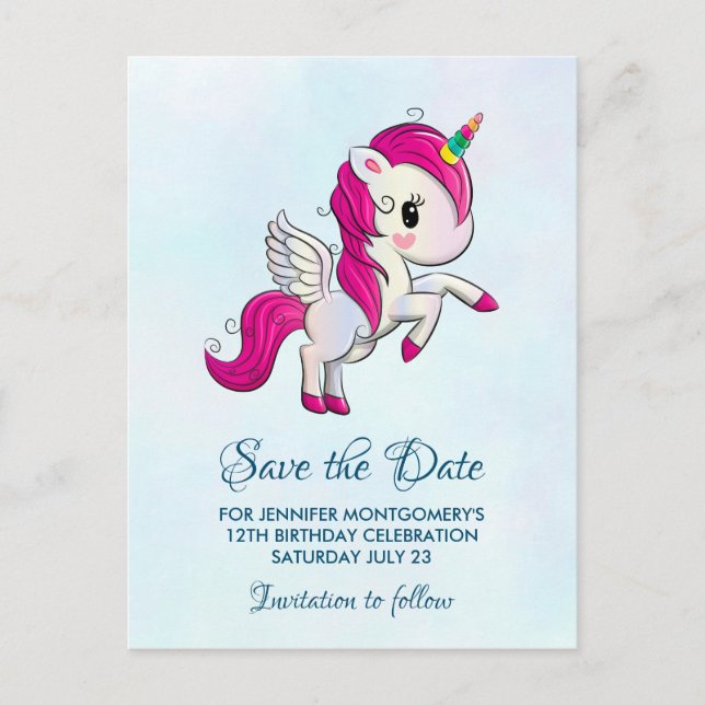 Cute Pink Unicorn with Wings Save the Date Postcard (Front)