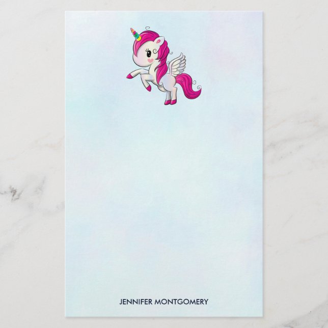 Cute Pink Unicorn with Wings Stationery (Front)