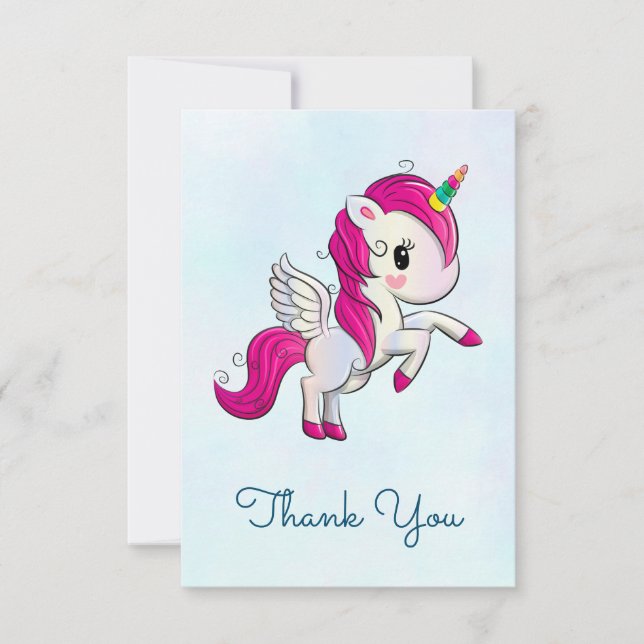 Cute Pink Unicorn with Wings Thank You Card (Front)