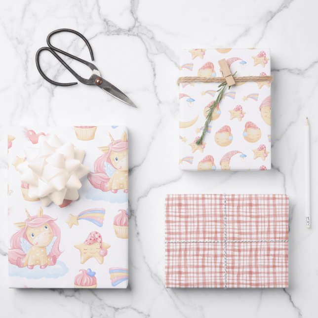 Cute Pink Unicorn Wrapping Paper Sheet (Front)