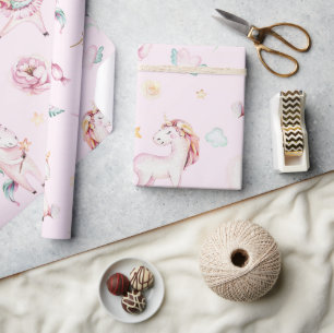 Cute Pink Unicorns Boho Floral Baby Shower Wrapping Paper