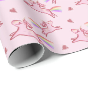Cute Pink Unicorns & Hearts Doodles Pattern Wrapping Paper