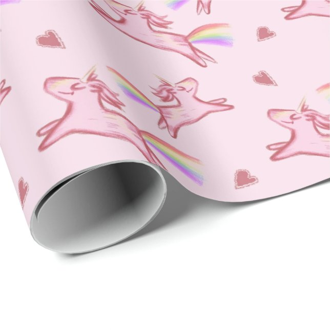 Cute Pink Unicorns & Hearts Doodles Pattern Wrapping Paper (Roll Corner)