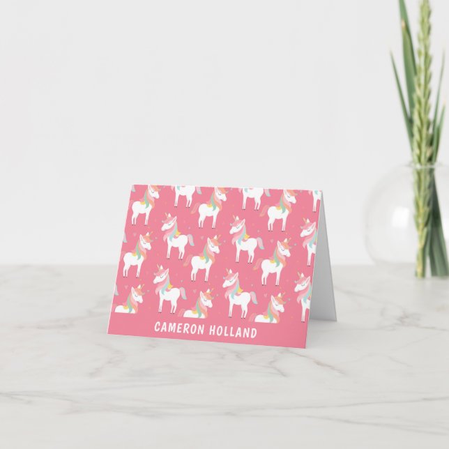 Cute Pink Unicorns Personalised Stationery Note Card (Front)