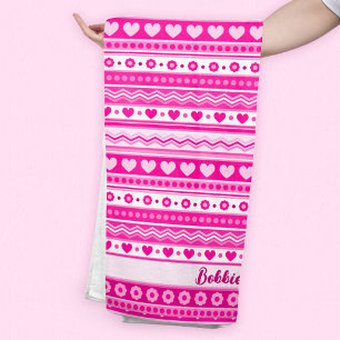 Cute Pink Valentine’s Day Heart and Flowers Girly Beach Towel
