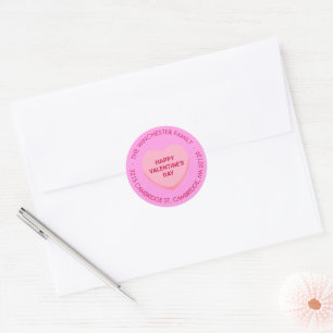 Cute pink Valentine's Day candy heart address Classic Round Sticker