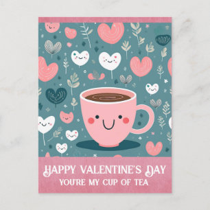 Cute Pink Valentines Day Cup of Tea Hearts Postcard