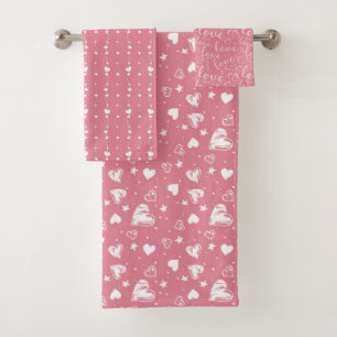 Cute Pink Valentine's Day Hearts and Love Bath Towel Set