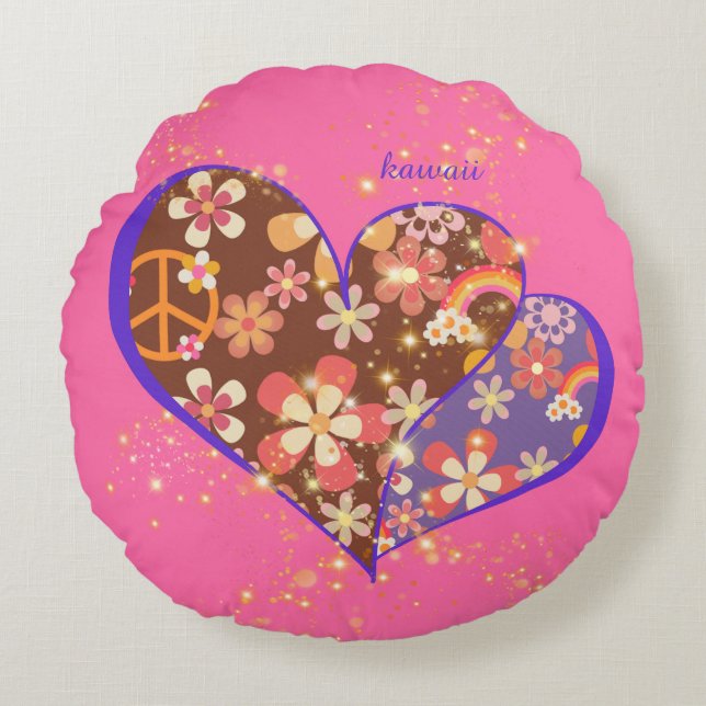 Cute pink vibrant floral retro heart ♡ round cushion (Front)