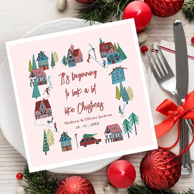 Cute Pink Village Christmas Party Napkin (Cute Pink Village Christmas Party Napkins)
