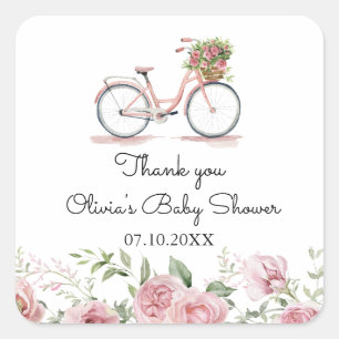 Cute Pink Vintage Bicycle Girl Baby Shower Square Sticker
