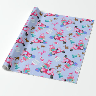 Cute Pink Vintage Christmas Scooter Wrapping Paper