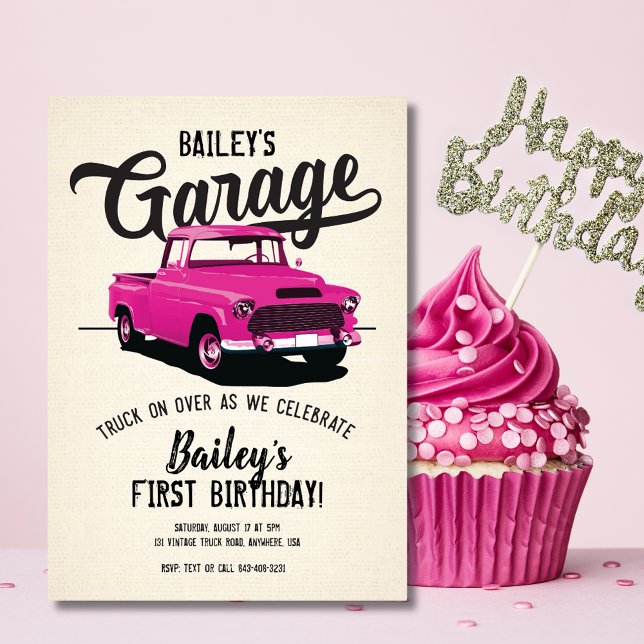 Cute Pink Vintage Truck Birthday Invitation (Cute Pink Vintage Truck Birthday Invitation)