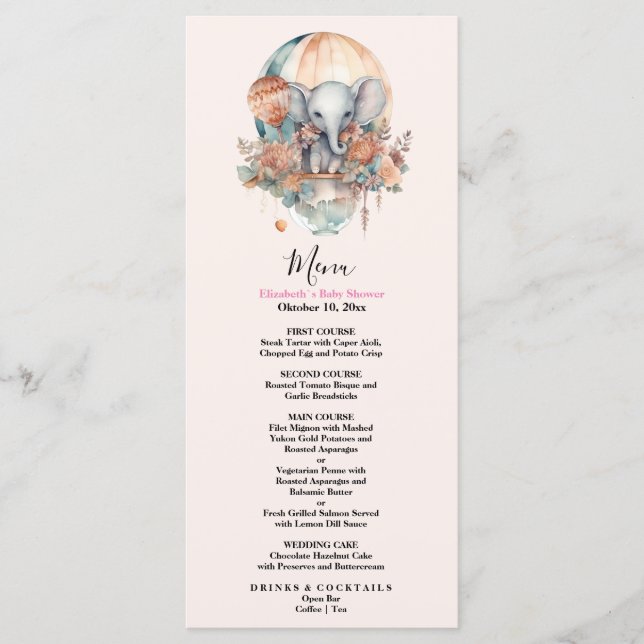 Cute Pink Watercolor Air Balloon Elephant Baby Sho Menu (Front)