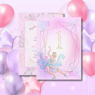 Cute Pink Watercolor Ballerina Gold Geometric Name Invitation