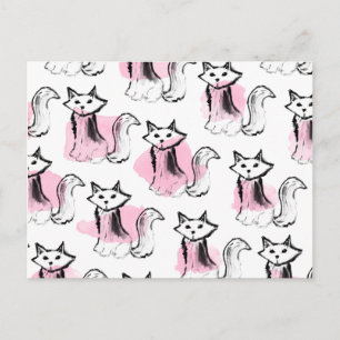 Cute pink watercolor black brushstrokes cats trend postcard