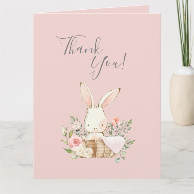 Cute Pink Watercolor Bunny Baby Shower  Thank You Card (Front)
