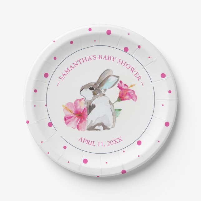 Cute Pink Watercolor Bunny Girl Baby Shower Paper Plate (Front)