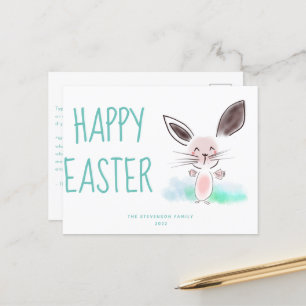Cute Pink Watercolor Bunny Happy Easter Holiday Postcard