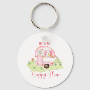 Cute Pink Watercolor Camper Caravan Scene Key Ring