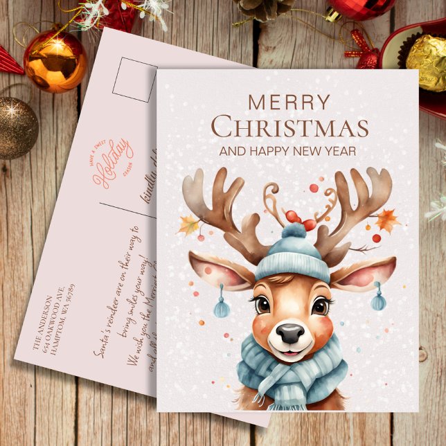 Cute Pink Watercolor Christmas Reindeer Postcard (Creator Uploaded)