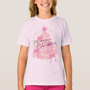 Cute Pink Watercolor Christmas Tree Girls Holiday T-Shirt