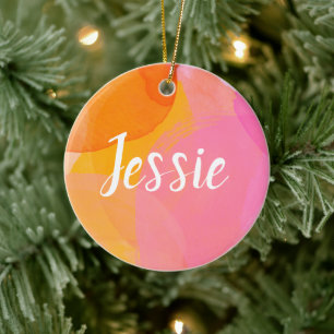 Cute Pink Watercolor Custom Script Monogram Name Ceramic Tree Decoration