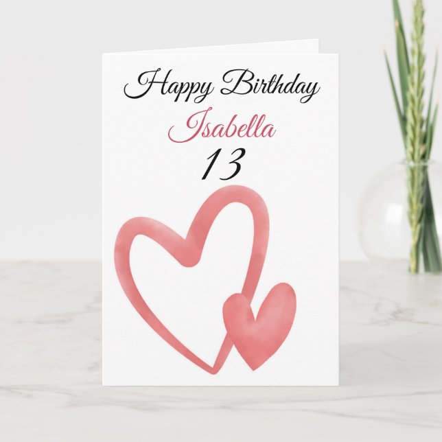 Cute Pink Watercolor Double Heart 13th Birthday Card (Front)