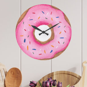 Cute Pink Watercolor Doughnut Large Clock