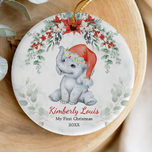 Cute Pink Watercolor Elephant Baby 1st Christmas Ceramic Tree Decoration