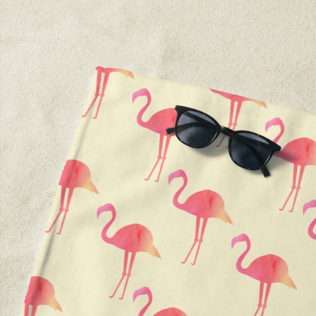 Cute Pink Watercolor Flamingo Pattern Beach Towel (In Situ)