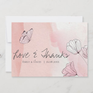 Cute Pink Watercolor Floral butterfly Wedding Thank You Card