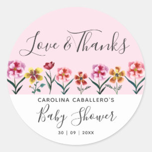 Cute Pink Watercolor Floral Girl Baby Shower Favou Classic Round Sticker