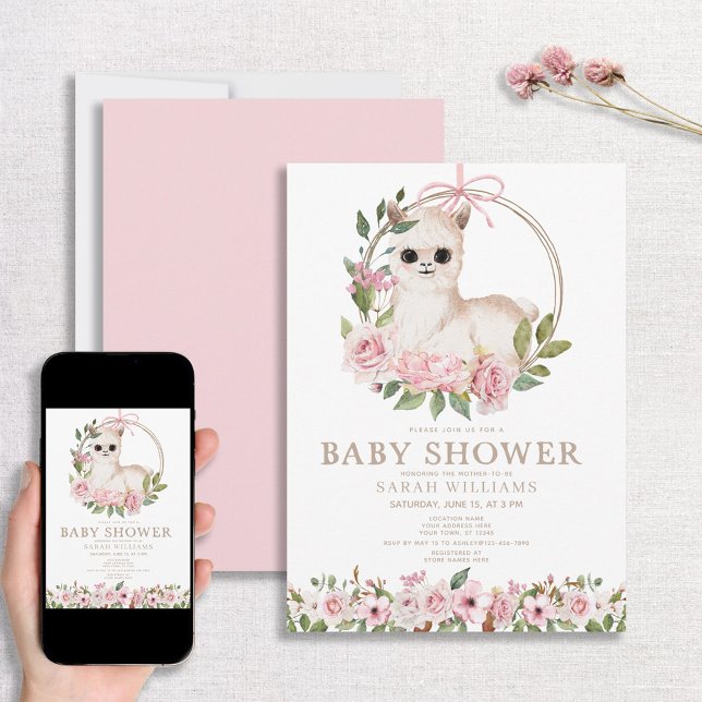 Cute Pink Watercolor Floral Llama Baby Shower Invitation (Creator Uploaded)